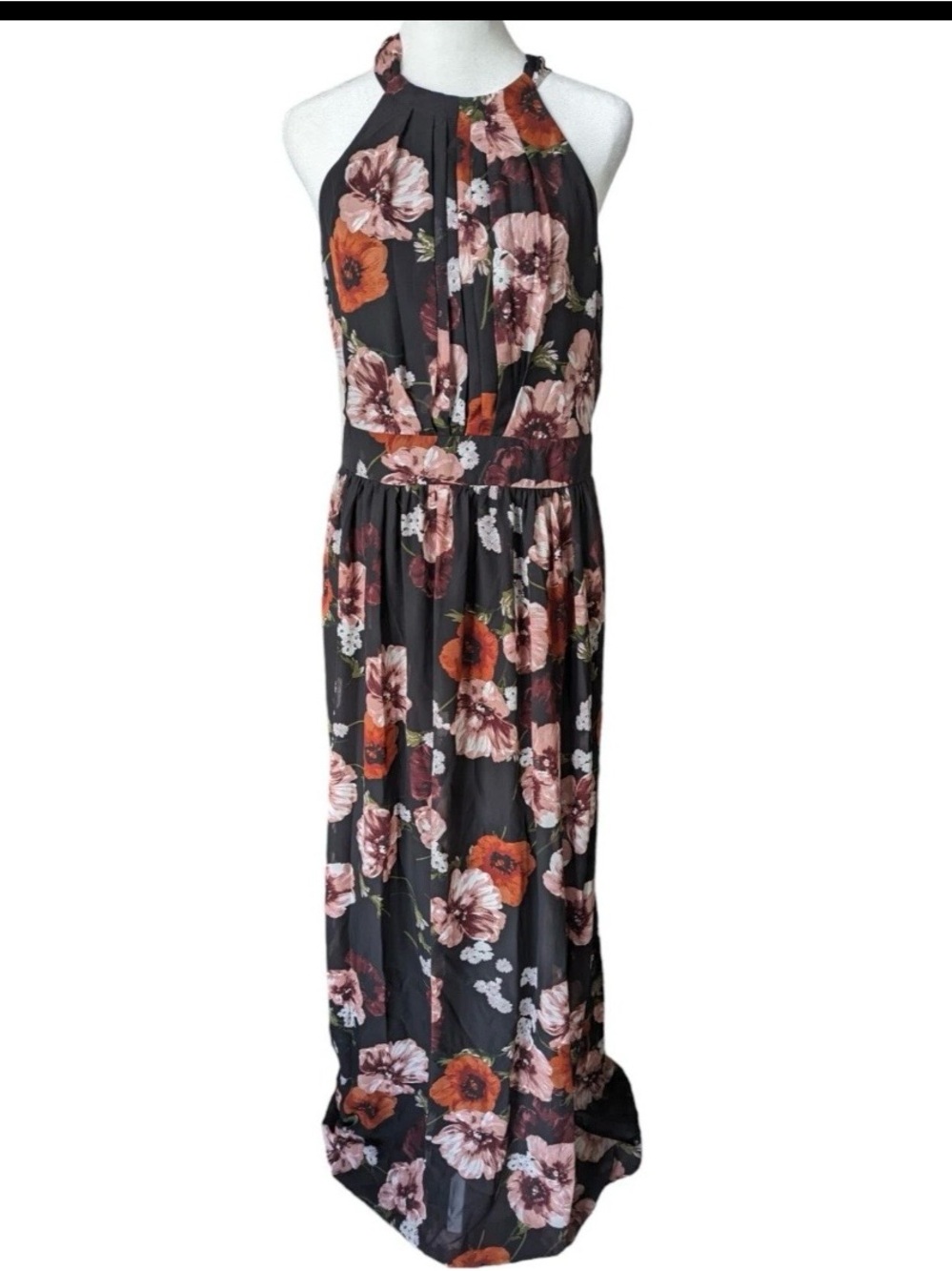 Women’s size 8 Inc Floral Halter Maxi Dress in Black, Rose and burgundy